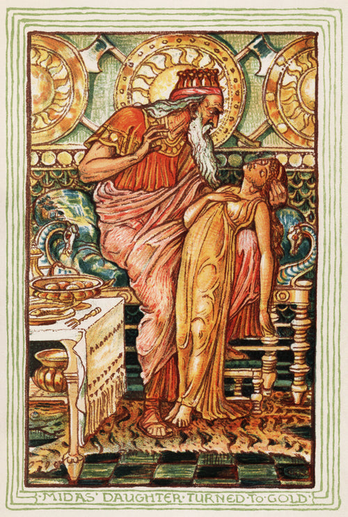 Illustration of King Midas and his daughter turned to gold – design inspiration for The Midas Tee by OAK FASHIONED
